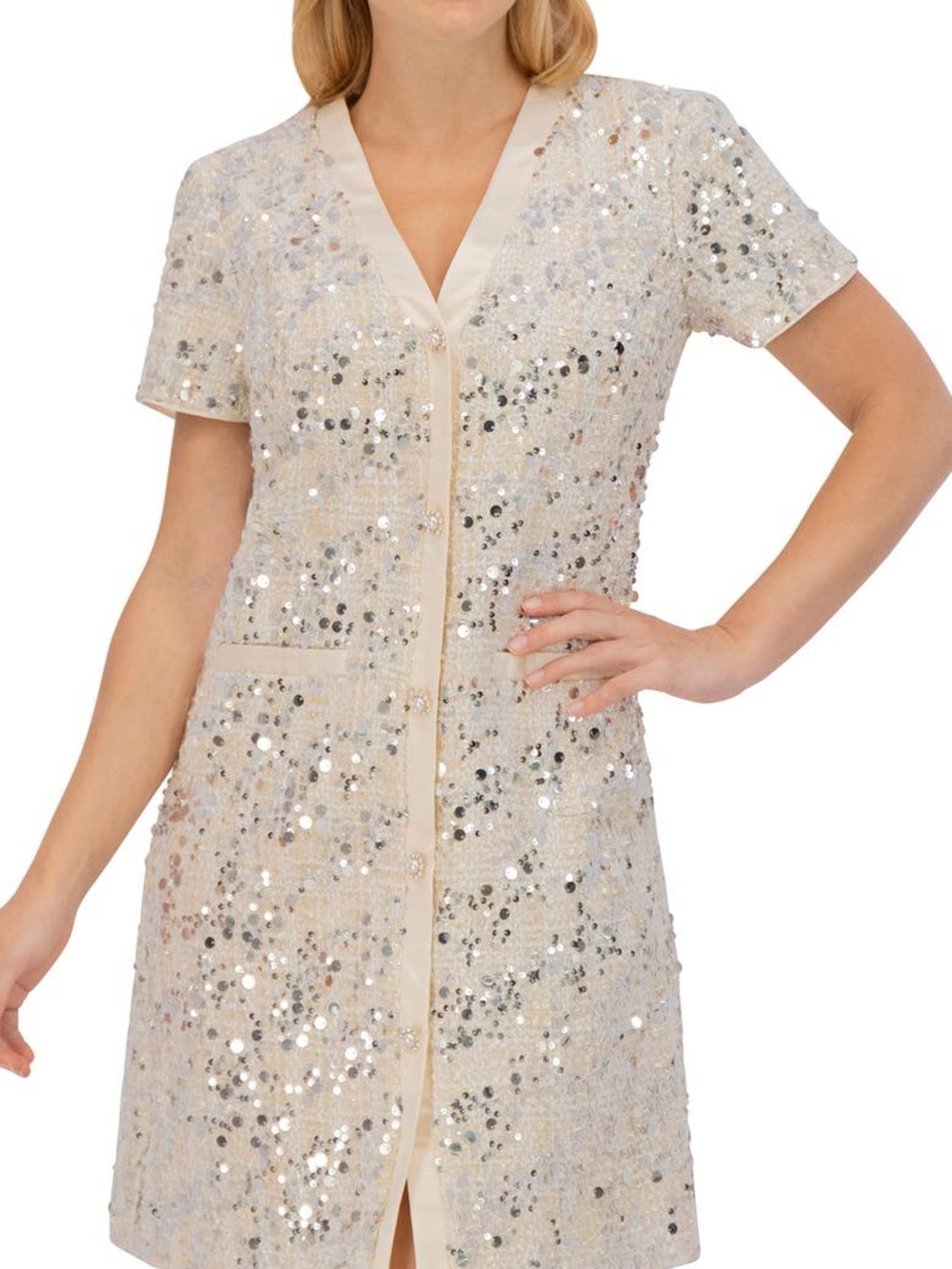 SOLD Eliza J Cream Sequin Tweed Short Sleeve Shift Dress- BRAND NEW WITH TAGS - Picture 1 of 7